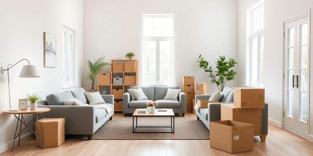 Cozy, minimal living space with moving boxes.