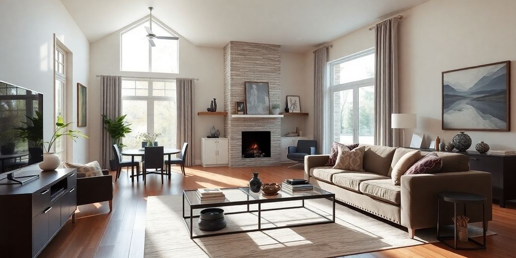 Modern remodeled living space with stylish furnishings and light.