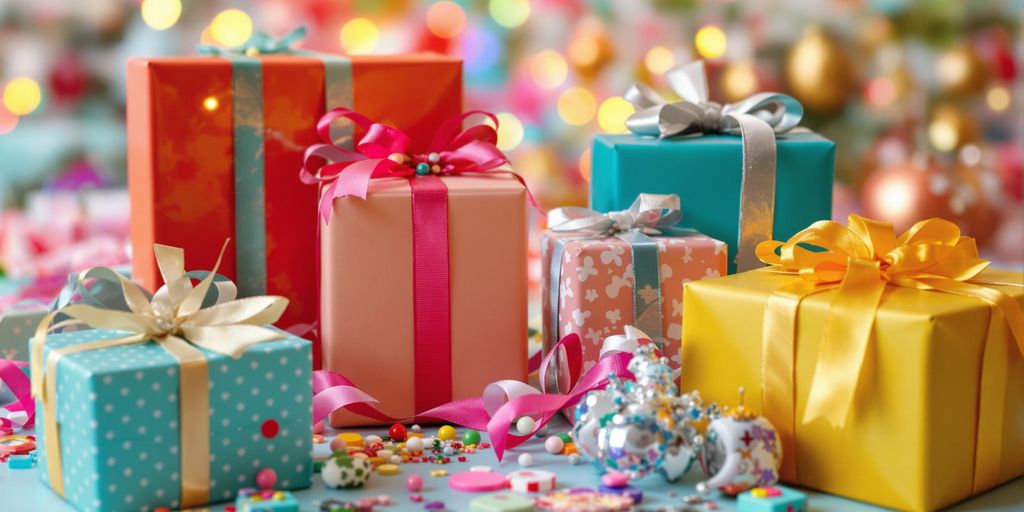 Colorful gift-wrapping supplies in a festive setting.