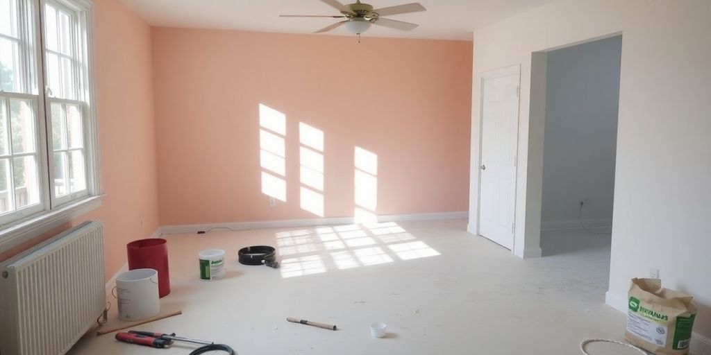 Room under repair with tools and fresh paint supplies.