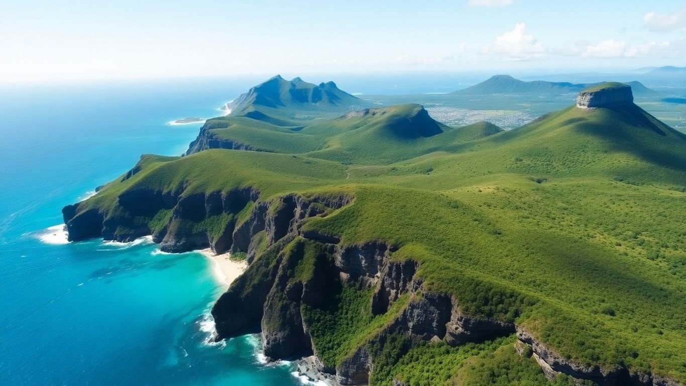 Vue aérienne de la Guadeloupe, paysages verdoyants et eaux turquoise.