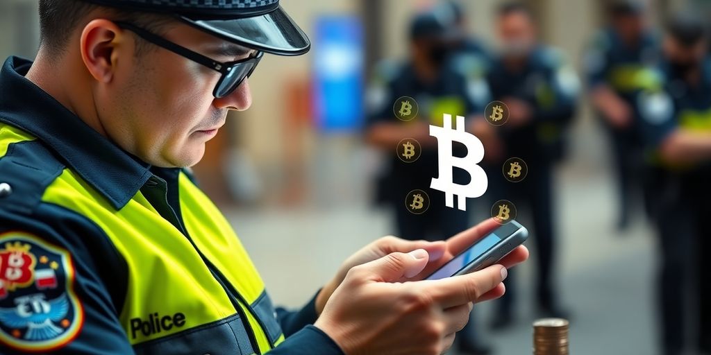 Police officer examining crypto assets on a digital device.