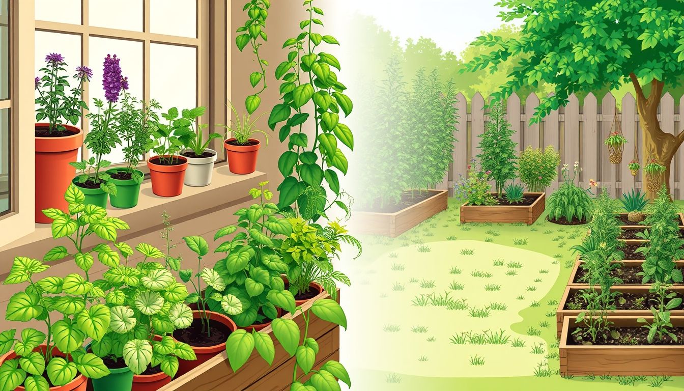 Herb garden with pots indoors and garden beds outdoors.