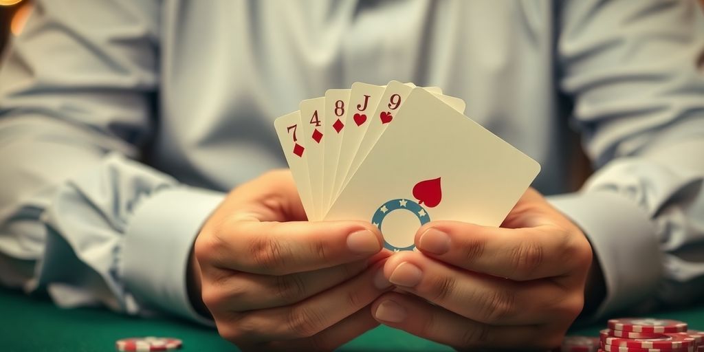 Man celebrating with chips and cards.