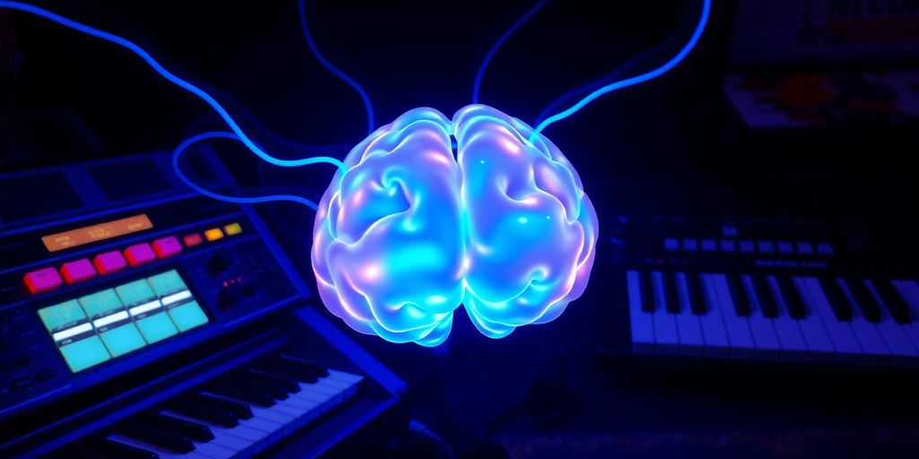 Drum machine, synth, and glowing AI brain.