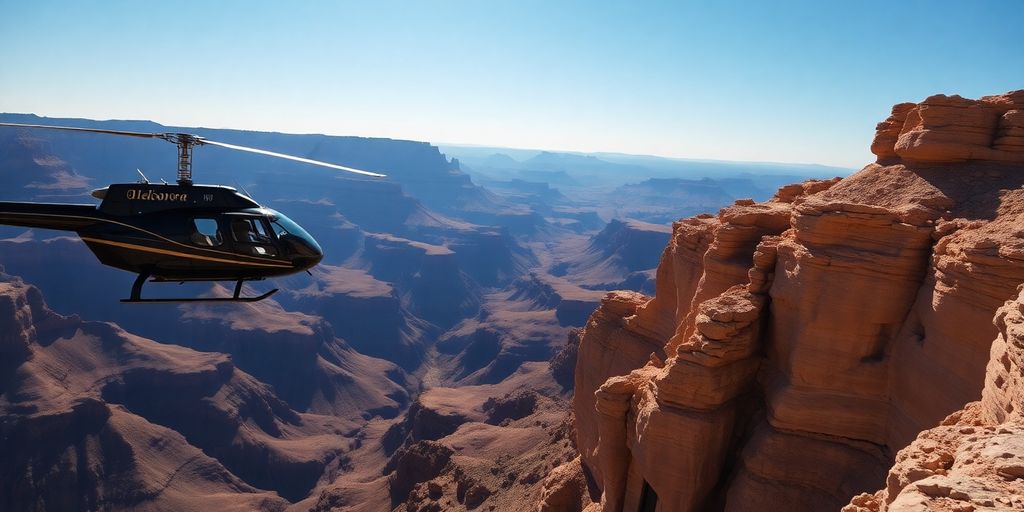 A red helicopter flying above the vast Grand Canyon.