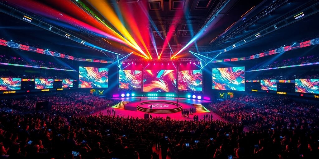 Dynamic esports arena with glowing stage and large screens.