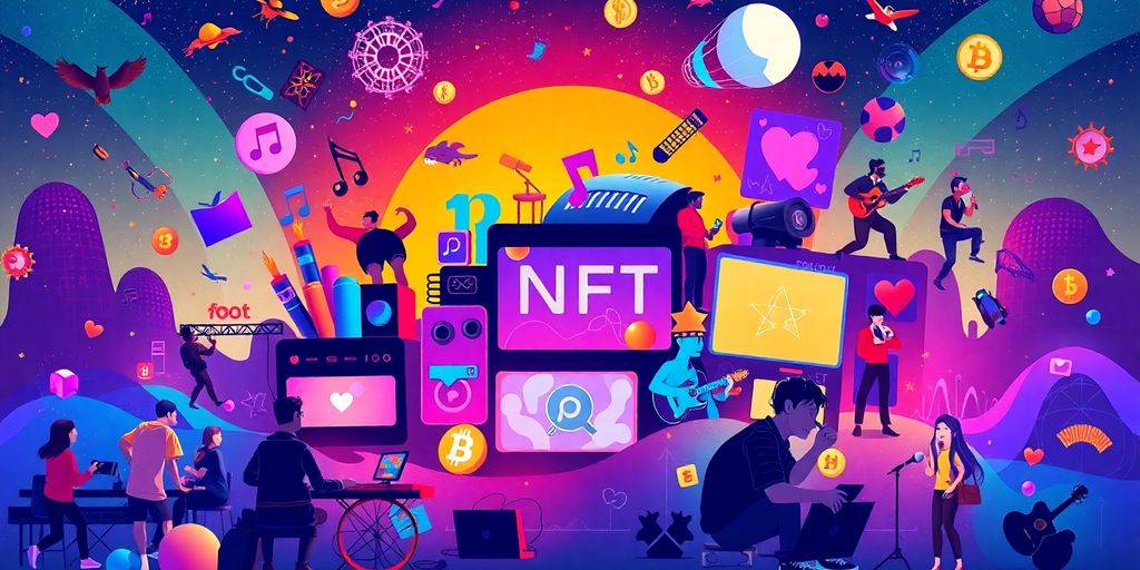 Illustration of nfts in entertainment, featuring music and gaming.
