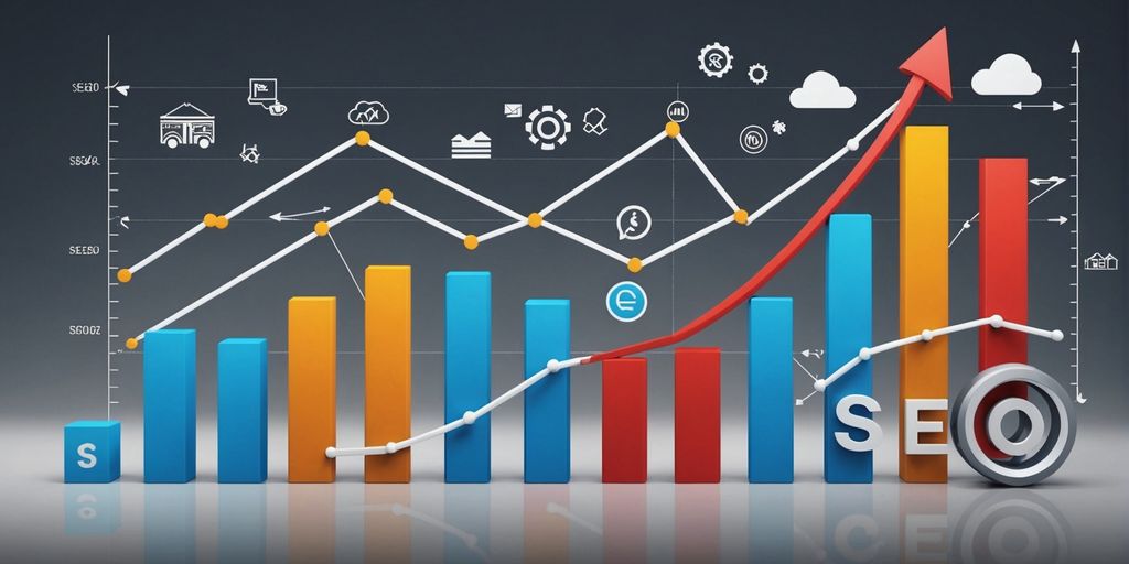 Graph with upward trend, SEO and link building icons