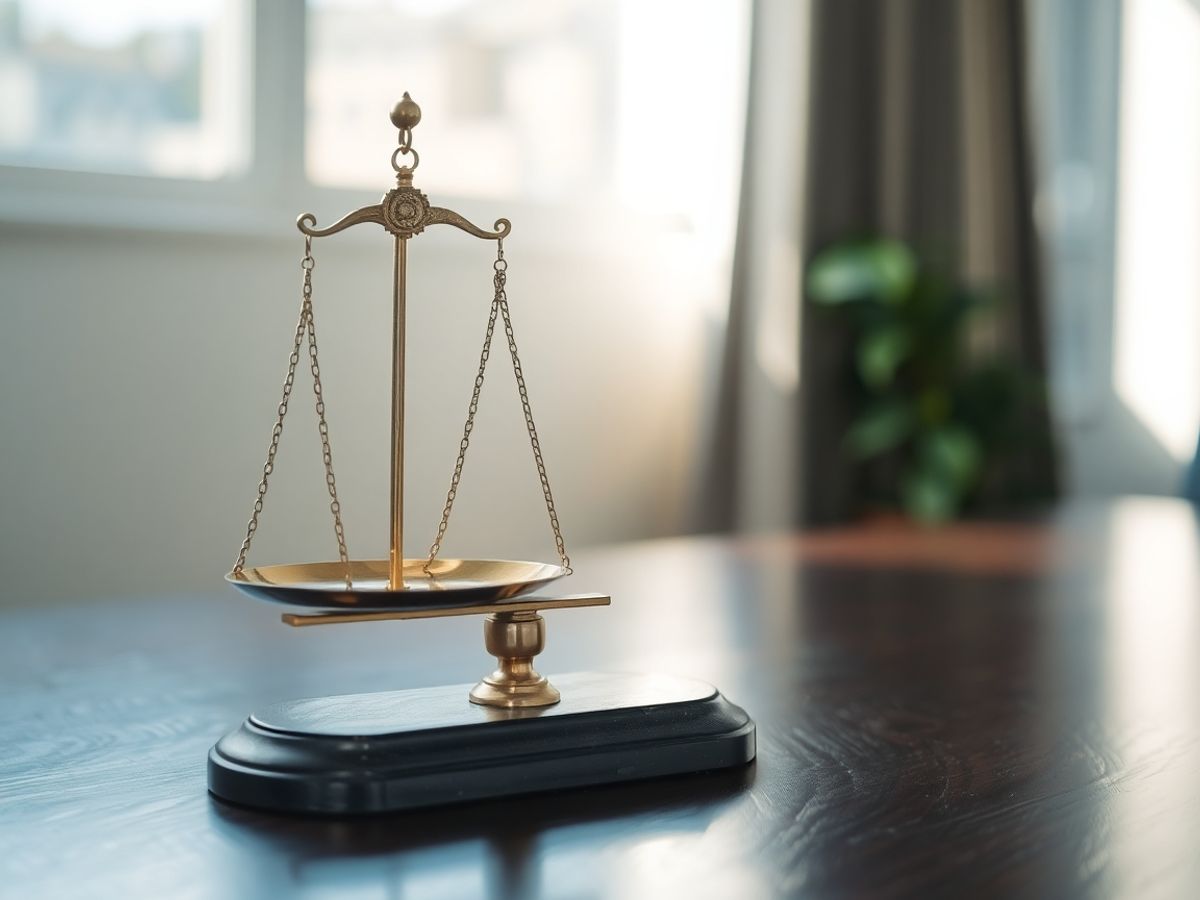 O balanță a justiției pe un birou de avocat.