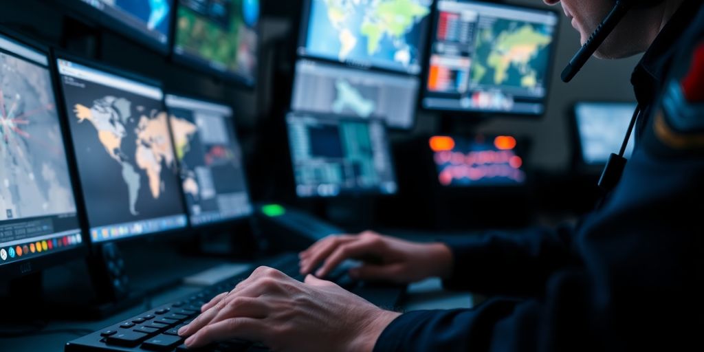 Police dispatcher at computer, focused on screens.