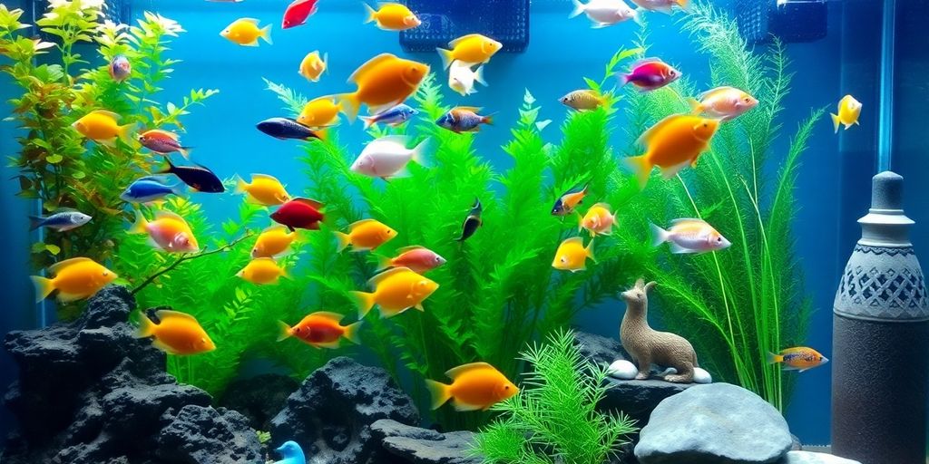 Peces coloridos nadando en un acuario exuberante.
