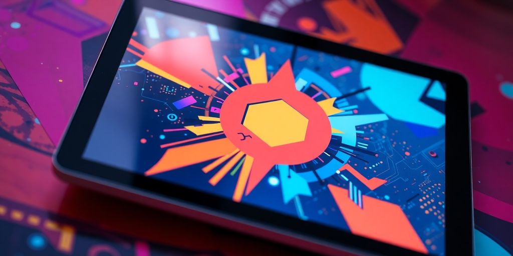 Digital artwork on a tablet with vibrant colors.