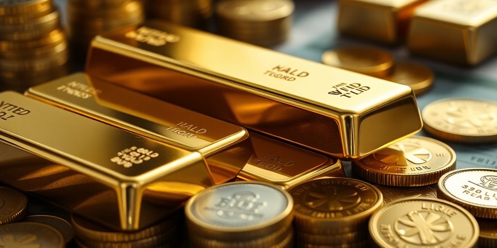 Lingots d'or empilés, monnaies, et d'autres investissements.