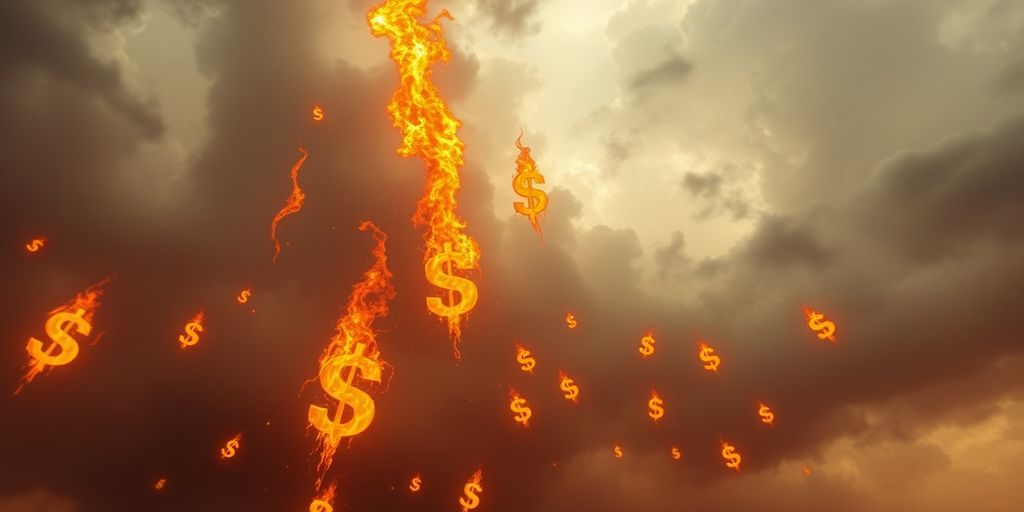 Digital currency symbols engulfed in flames.