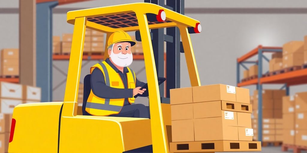 Senior forklift operator expertly maneuvering vehicle.