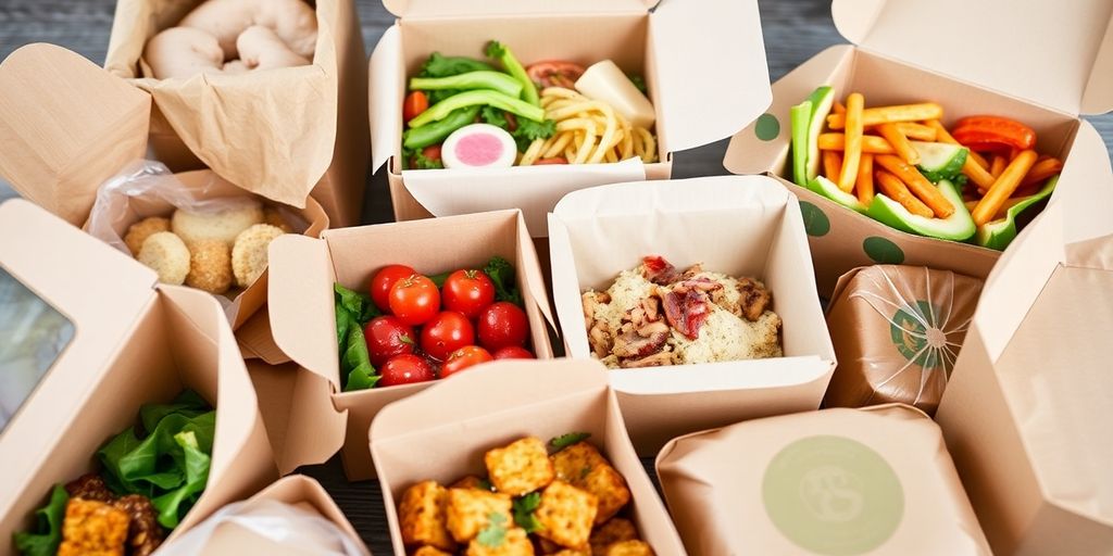 Biodegradable containers filled with fresh food.