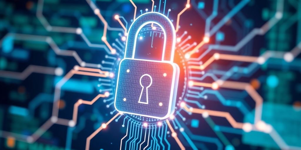 Digital padlock with circuit lines, representing cyber security.