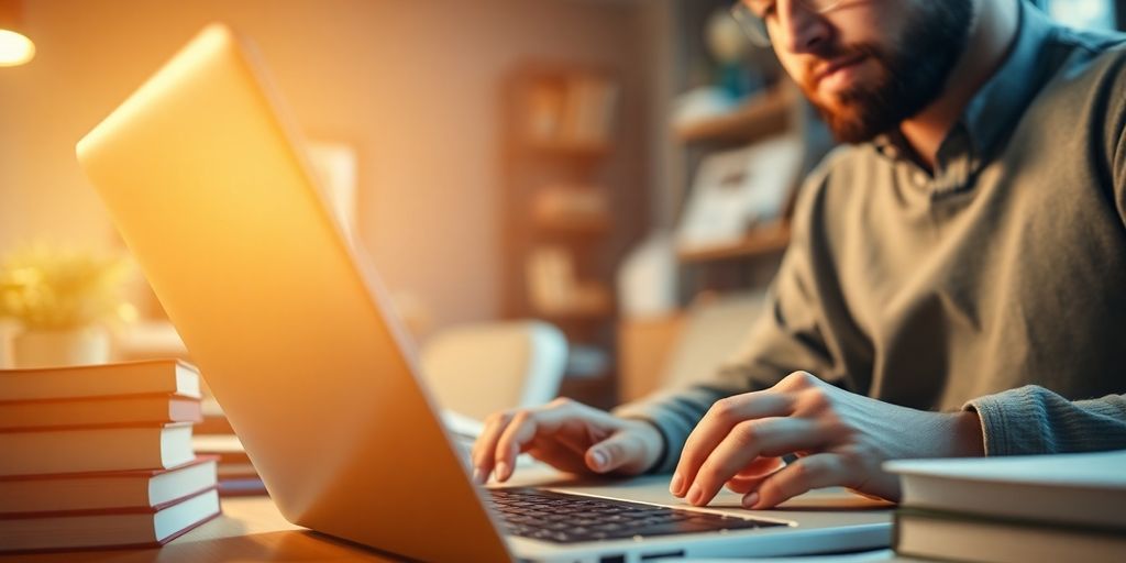 Person typing on a laptop in a cozy workspace.