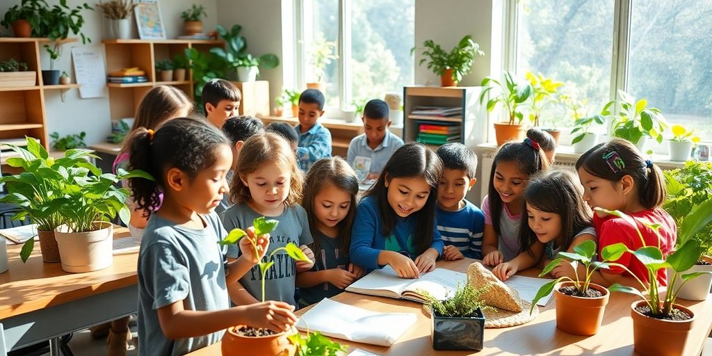 Students in a classroom engaged in sustainability projects.