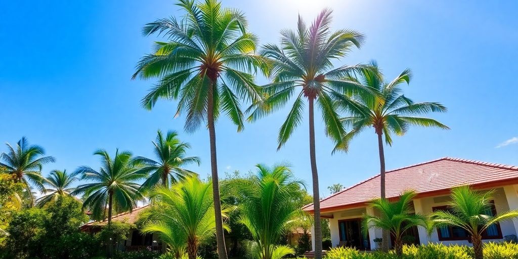 Modern Thai villa with lush garden and clear blue sky.
