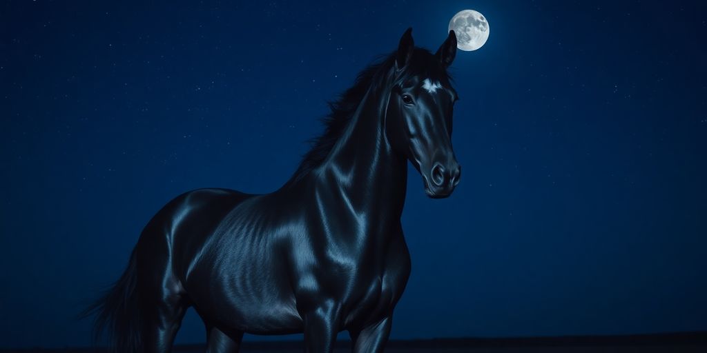 Black horse against a starry night sky.