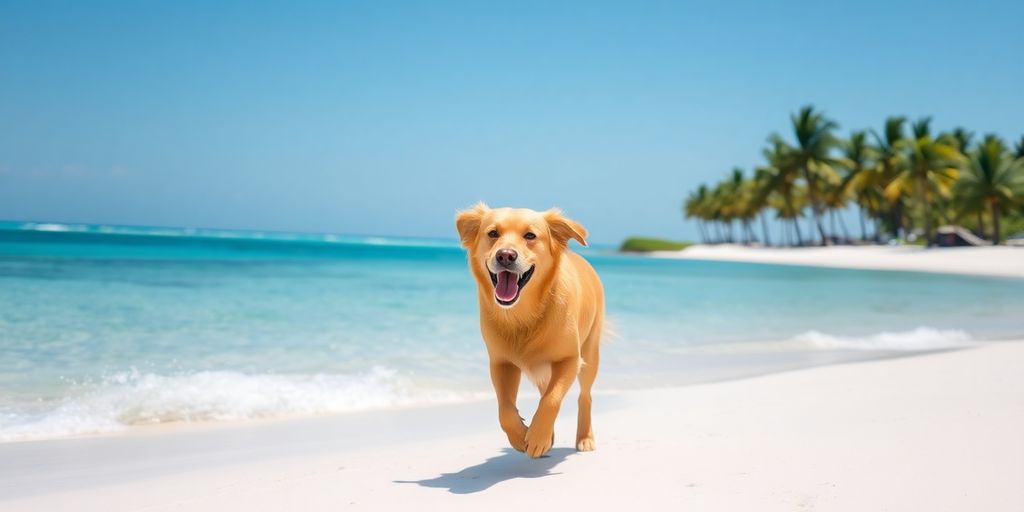 Dog on beach with ocean background.