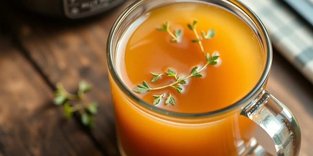 Warm, steaming bone broth in a clear mug.