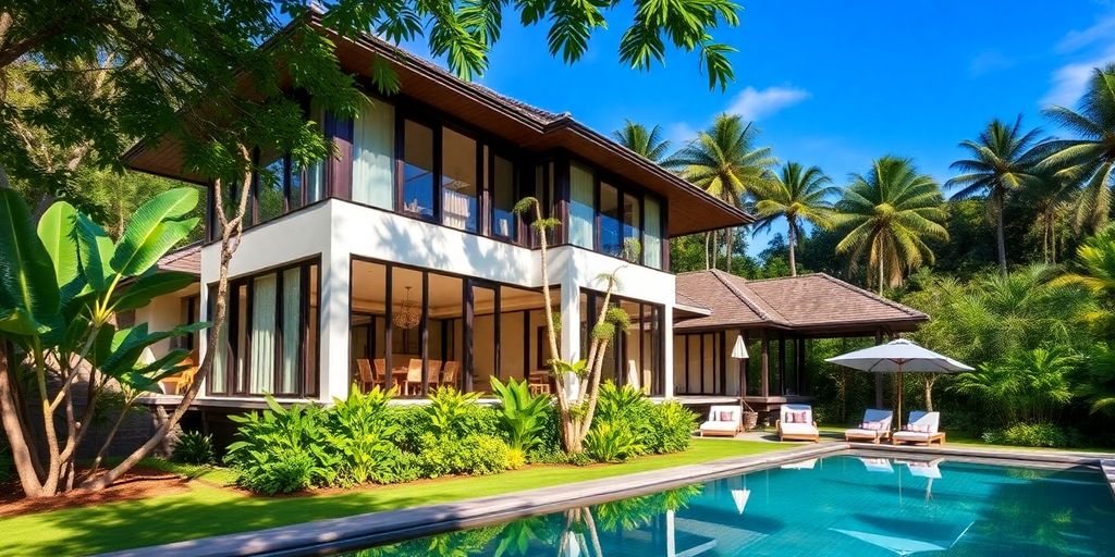 Luxury villa in Phuket with tropical greenery and pool.