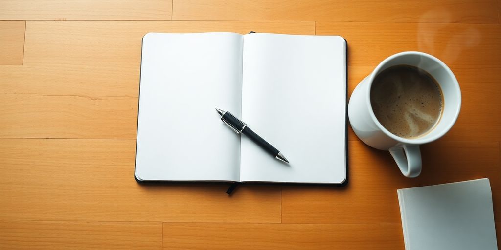 Open notebook, pen, and coffee cup on wooden desk.