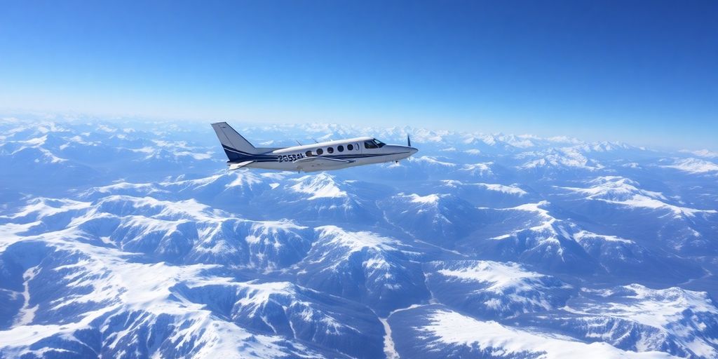 A small charter plane flying over snowy Alaskan mountains.