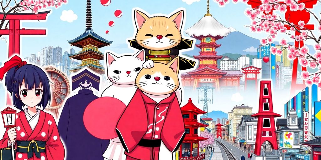 Collage of Japanese pop culture elements including anime and cherry blossoms.