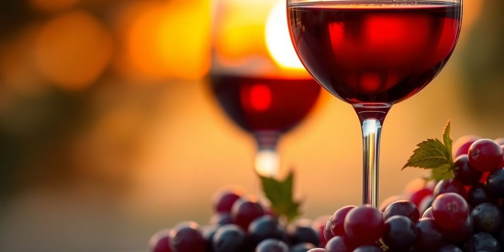 Wine glass with grapes against a sunset background.