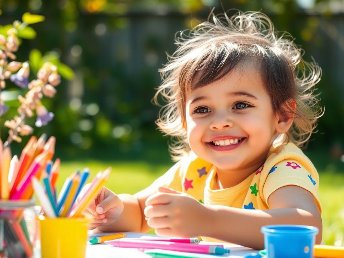 Copil fericit jucându-se cu materiale colorate.