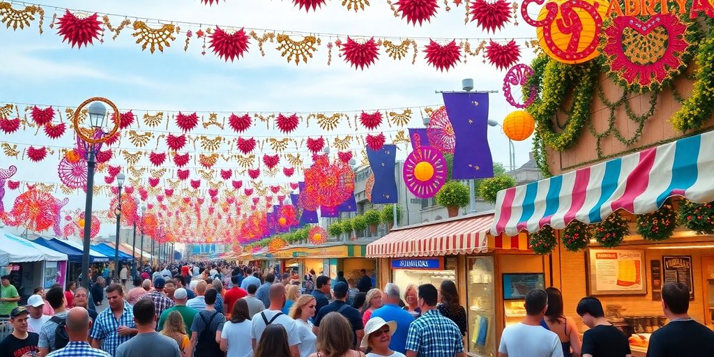 Crowd at a lively festival with colorful decorations.