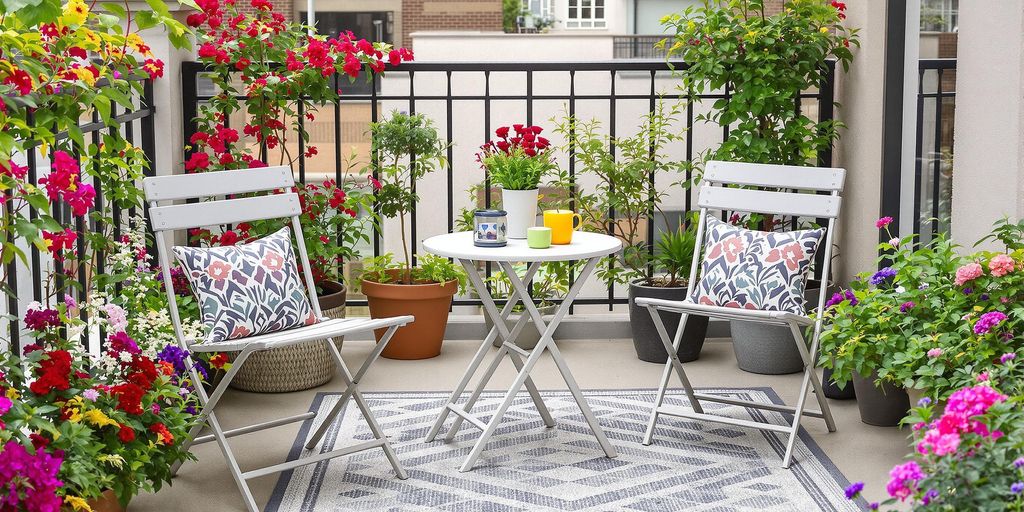 Klappbare Gartenmöbel auf einem Balkon mit Pflanzen. Gartenmöbel klappbar Set