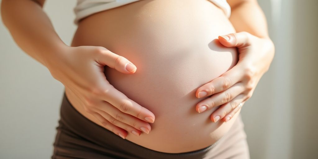 Mulher grávida com barriga em destaque.