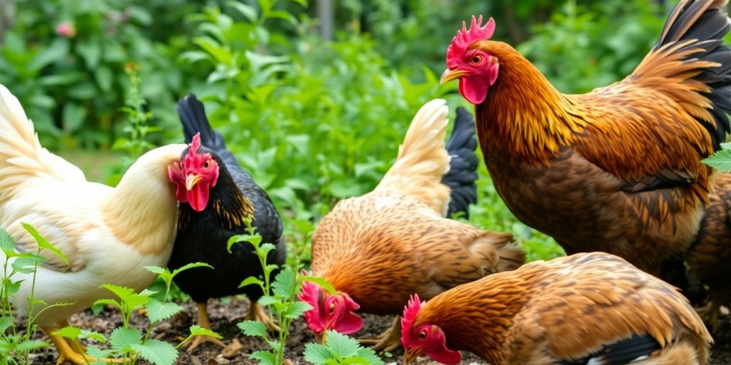 Chickens foraging in a green backyard setting.