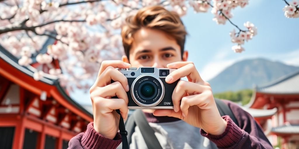 Traveler with a camera in Japan's beautiful scenery.