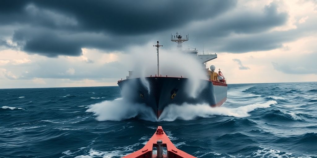 Ship at sea navigating rough waters.