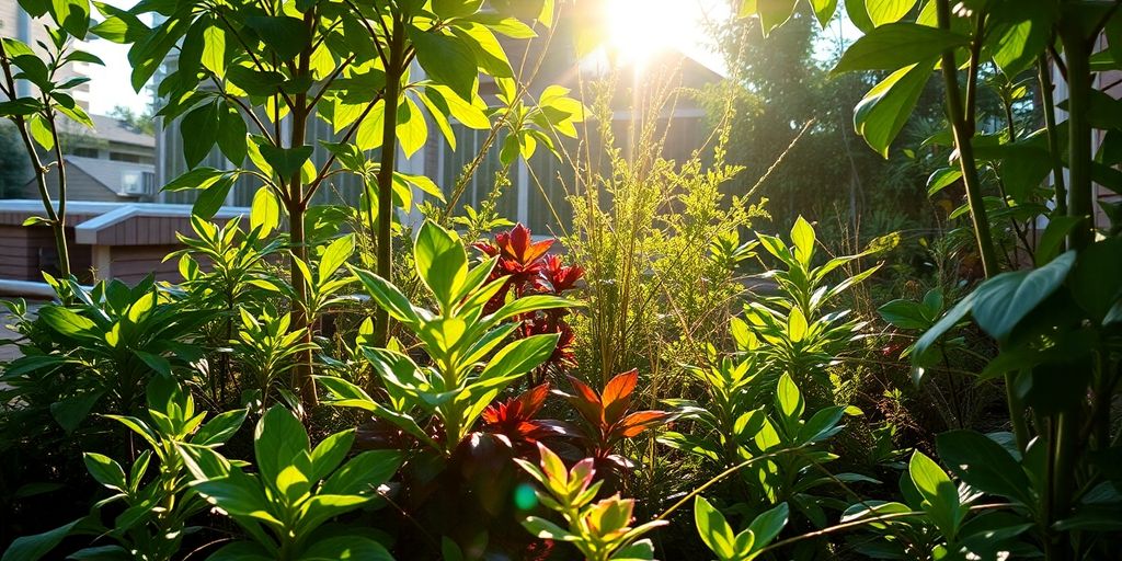 Jardim sustentável com automação residencial integrada.