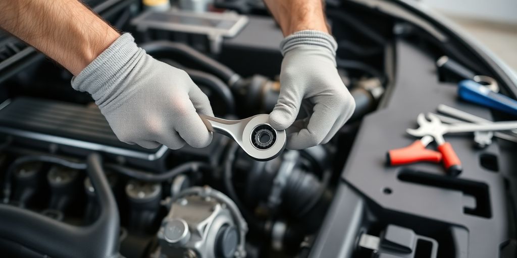Mechanic inspecting car engine with tools.