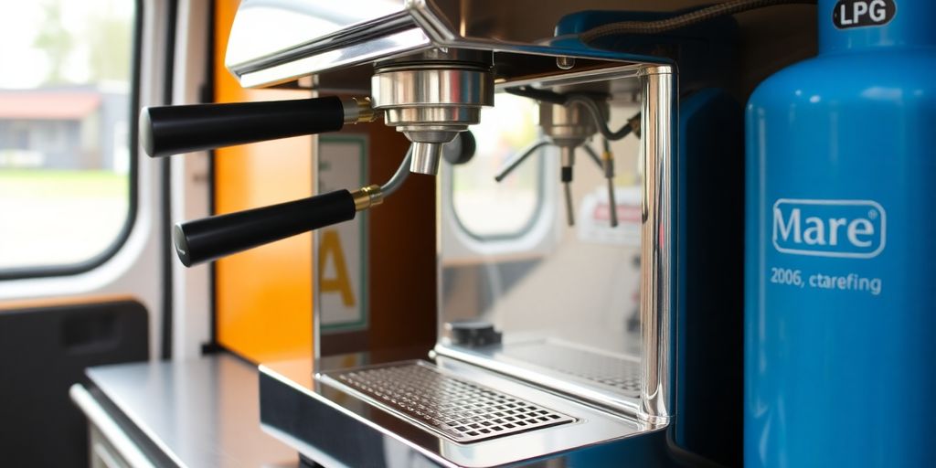 LPG coffee machine connected to gas cylinder in van.