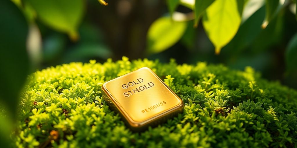 Lingot d'or sur de la mousse verte.