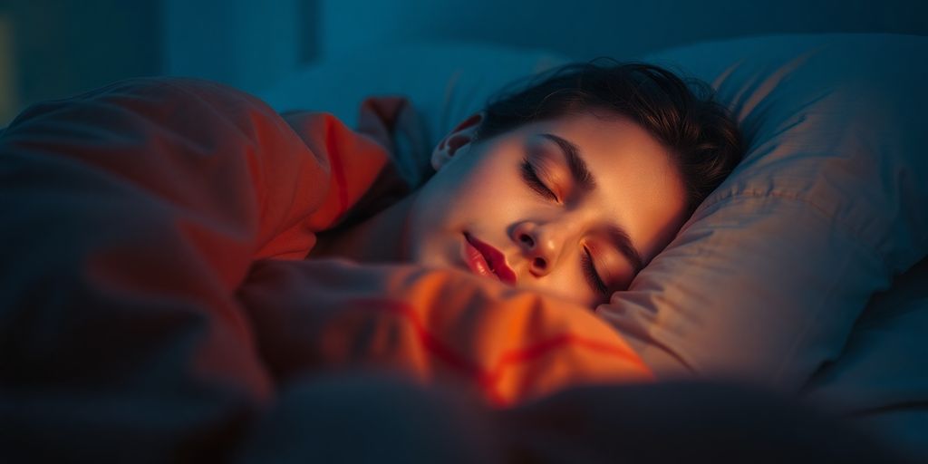Person sleeping peacefully in a cozy, dark bedroom.
