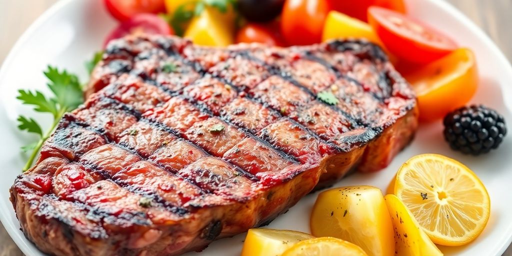 A grilled steak with colorful vegetables on a plate.