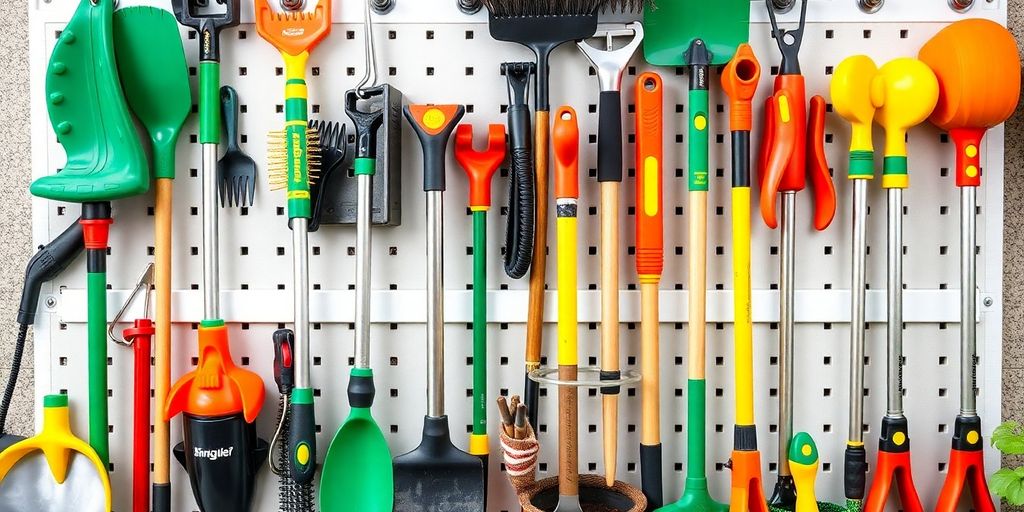 Organized yard tools in a storage unit.