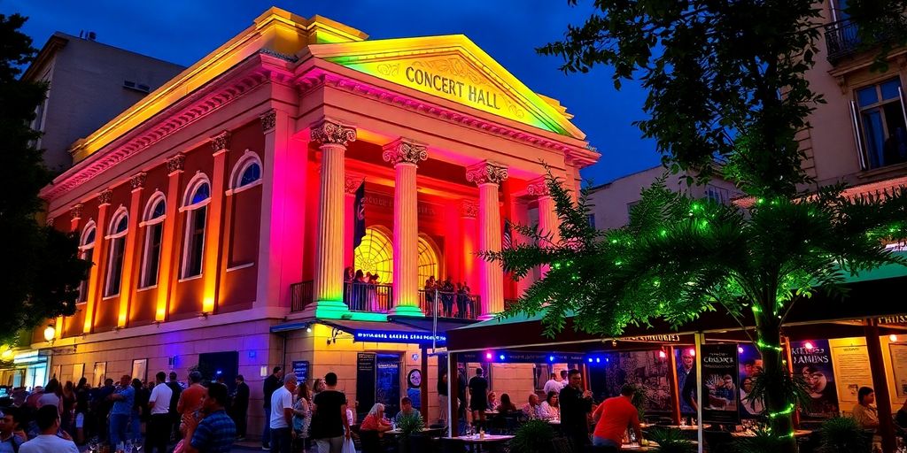 Concert hall in Athens with diners nearby at night.
