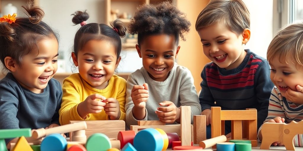 3-year-olds playing with wooden toys.