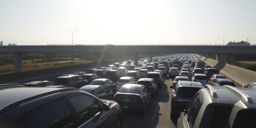 Voiture dans un trafic dense sur une autoroute ensoleillée.